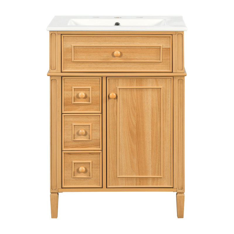 Meuble-lavabo de 24 po avec lavabo, armoire de rangement en bois massif, ensemble de meuble-lavabo autoportant avec tiroir rabattable, 2 tiroirs à fermeture en douceur et 1 porte à fermeture en douceur