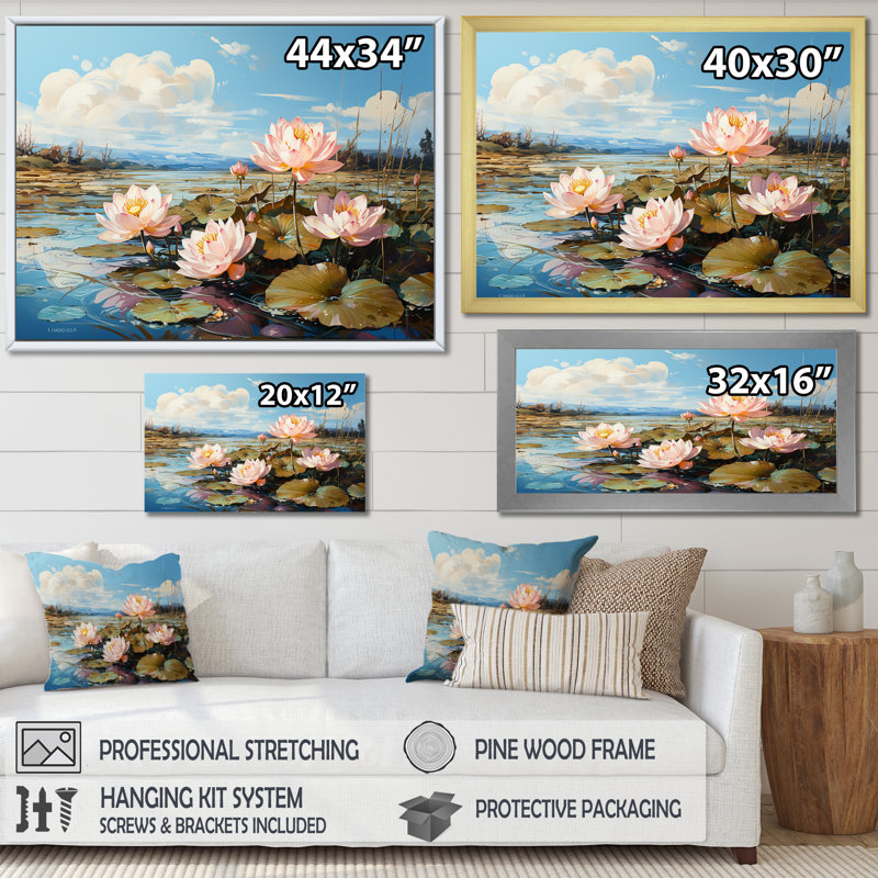 «By The Lake Lotus», impression sur toile, Cadre simple blanc, H 30 po x l 40 po x P 1,5 po