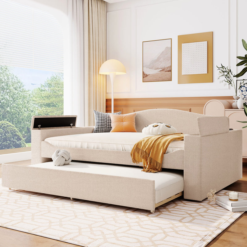 Lit de jour en molleton beige avec compartiment de rangement, lit gigogne et système de son