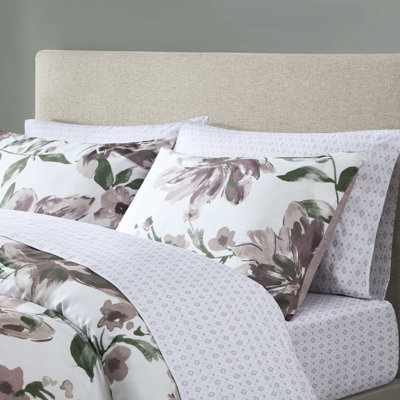 Couette pour lit simple en microfibre douce à motif floral mauve, taies d'oreiller 100 % coton