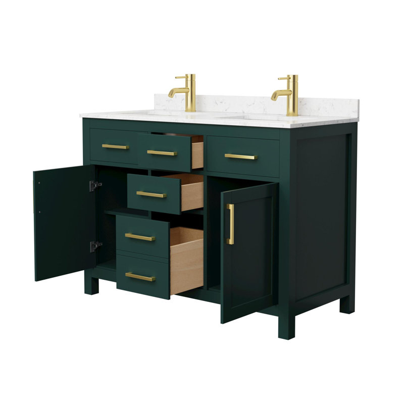 Meuble-lavabo double autoportant 48 po avec plateau en marbre Beckett, Vert, Or brossé, Marbre de culture de Carrare