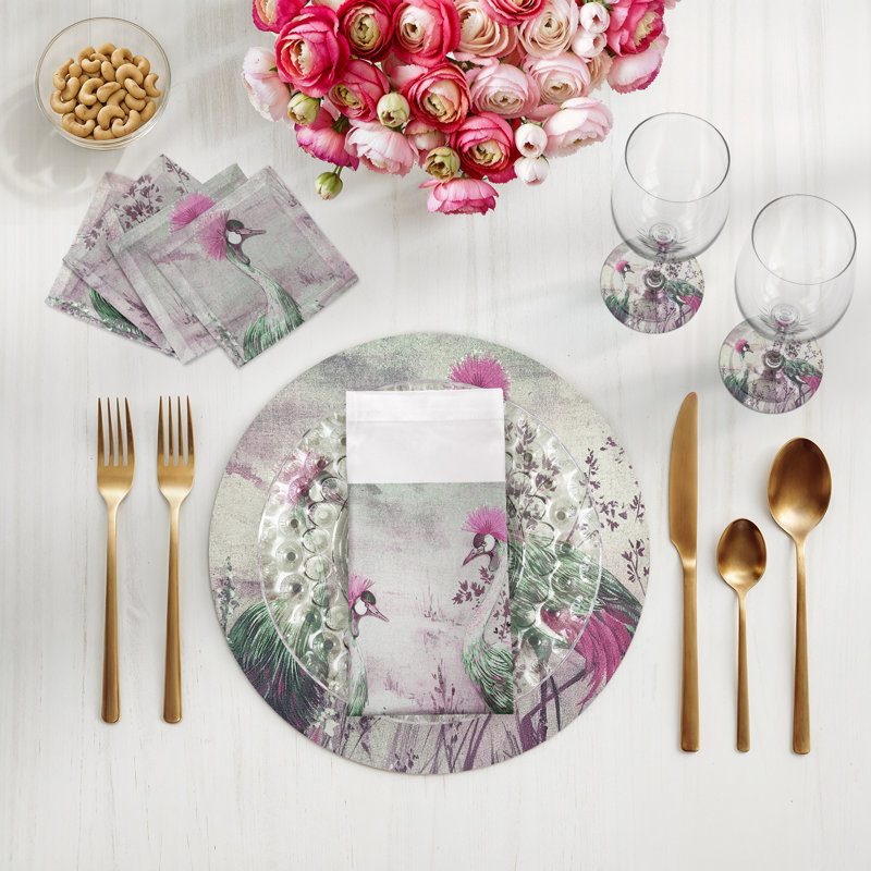 Crested Crane Pebble 16" Vinyl Placemat, Green/Pink