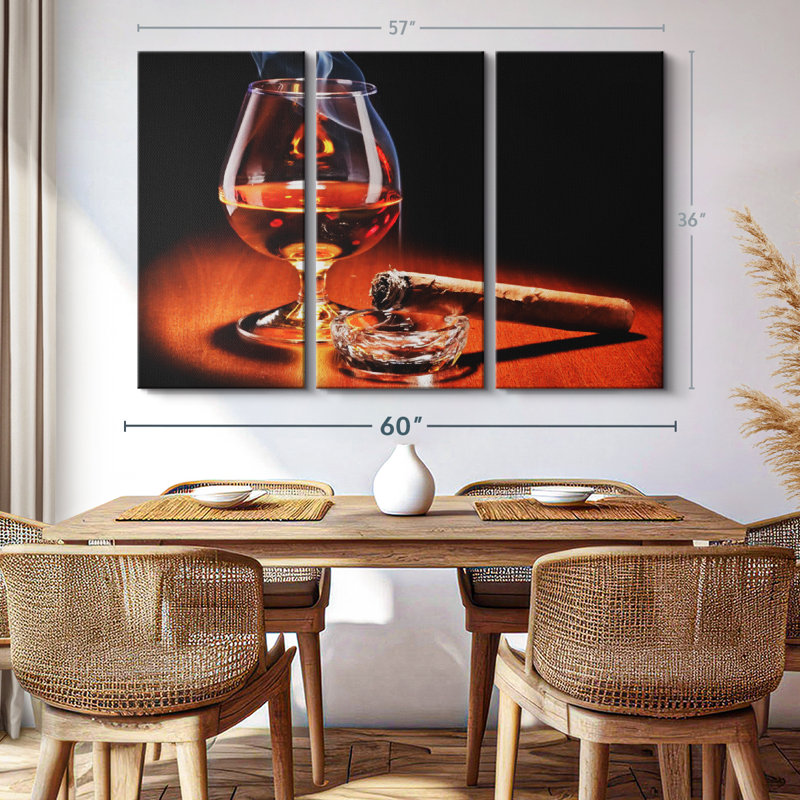"Cigare et boissons au cognac" sur toile, H 36 po x l 57 po x P 1,25 po