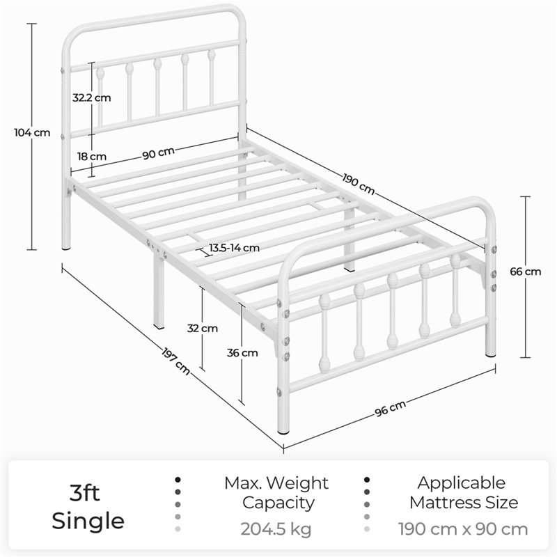 Metal Bed Frame with Vintage Headboard, Single (3'), White