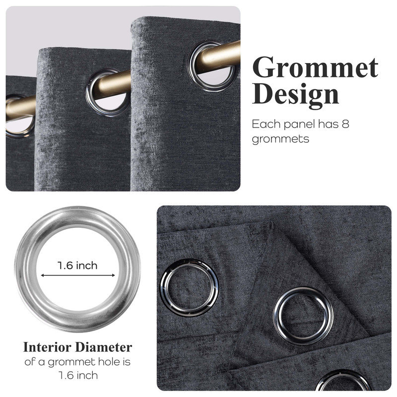 Chenille Light Filtering/Room Darkening Machine Washable Grommet Curtain Panel Set, Charcoal, 52" W x 108" L