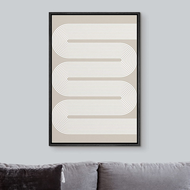 «Geometric Line», reproduction d'art sur toile encadrée, motif de vagues Mid-Century pastel gris et gris, formes abstraites, illustration, minimalisme, géométrique décoratif pour le salon, la chambre à coucher, le bureau
