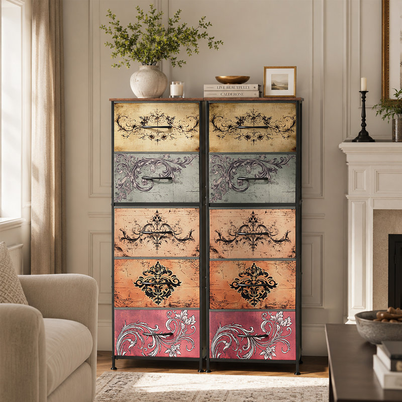 Commode verticale à 5 tiroirs avec plateau en bois Ojaswi pour chambre à coucher, commode avec structure en acier Strudy pour petit espace, tour de rangement pour placard, couloir
