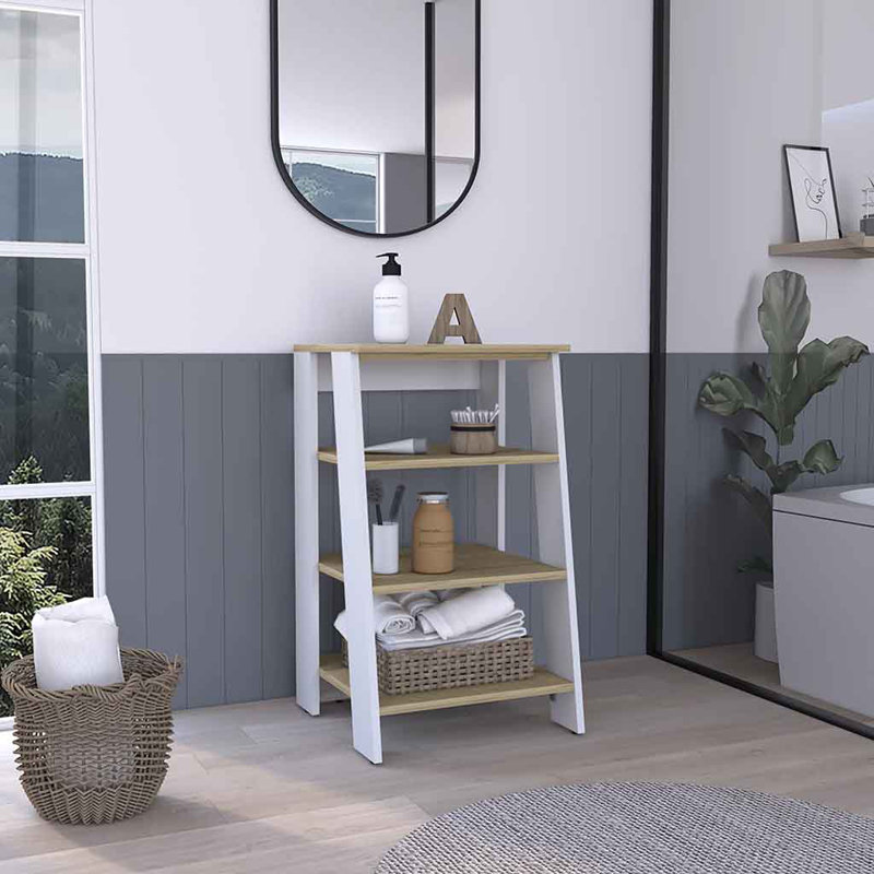 Rangement à tablettes à 4 niveaux pour salle de bain, table d'appoint, salon, Naturel / blanc