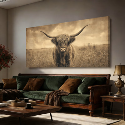 Highland Cow Canvas Wall Art, Farmhouse Sepia Rustic Highland Cow Pictures Wall Decor, High Definition Painting, Animal Picture Artwork for Living Room Bedroom Office