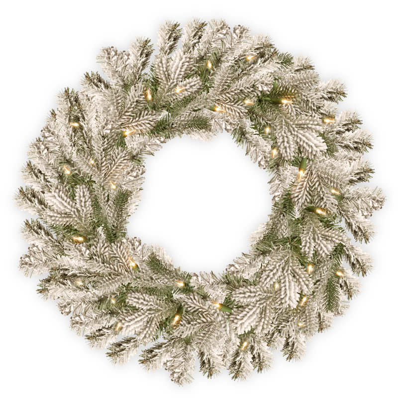 The Holiday Aisle® Snowy Sheffield Spruce Wreath with Battery Operated LED Lights, 24" H x 24" W x 5" D