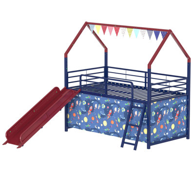 Lit mezzanine double Zeso pour enfants, motif maison, glissade et rideau, bleu marine et rouge