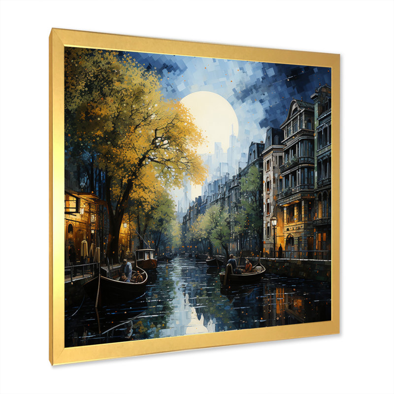 Canal vert, canal dramatique, pointillisme, H 30 po x l 30 po x P 1 po, Cadre doré simple