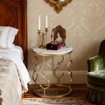 2-piece Marble End Table Set with Metal Frame, Gold Side Tables with Modern Style