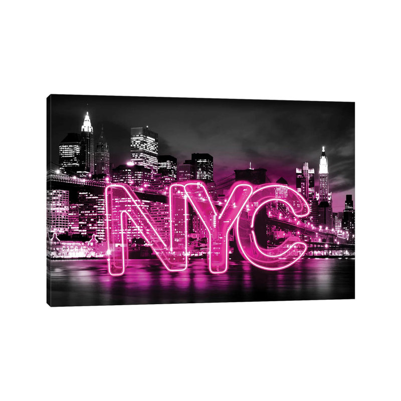 Neon New York City Pink On Black by Hailey Carr - Wrapped Canvas Print, 66.04 cm H x 45.72 cm W x 3.175 cm D