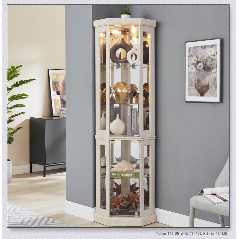 Armoire vitrée d'angle en verre pour salon, collection Antique et rangement pour bouteilles de vin avec éclairage inclus