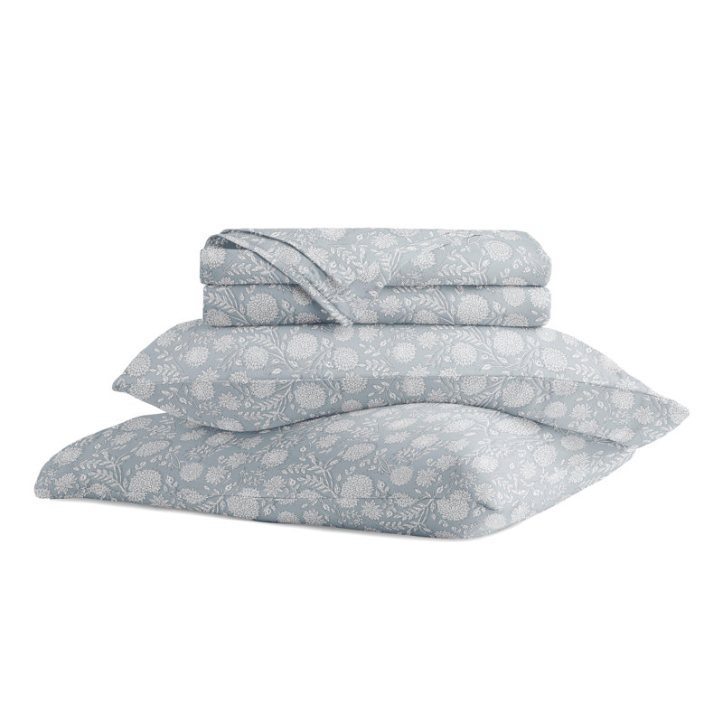King Size Blue Cotton Floral Deep Pocket Sheet Set