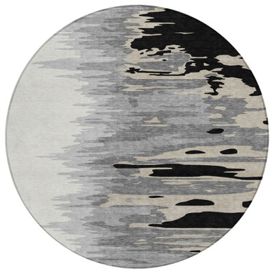 HomeRoots 8' Black Round Abstract Washable Indoor Outdoor Area Rug
