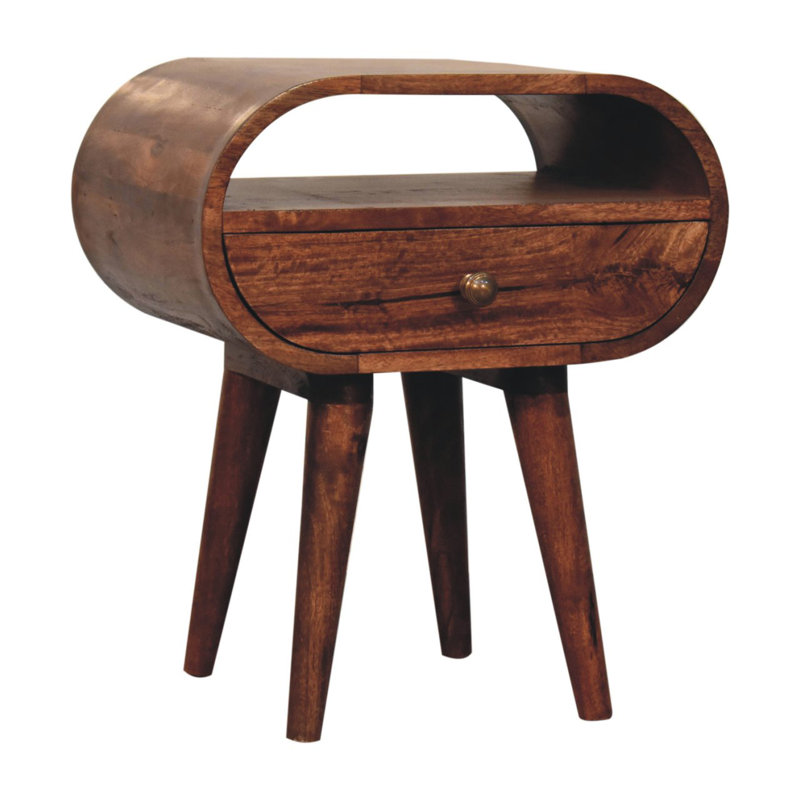 Honey Caramel Solid Mango Wood Circular Bedside Table with Drawer
