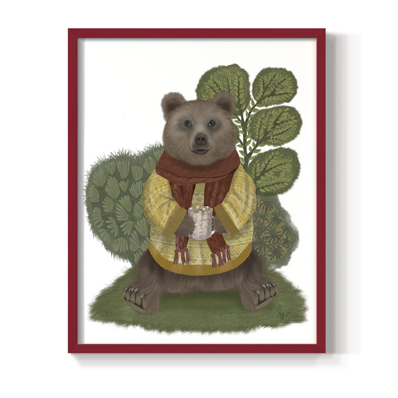 Reproduction encadrée d'ours chocolat chaud - bois massif, Rouge, H 10 po x l 8 po