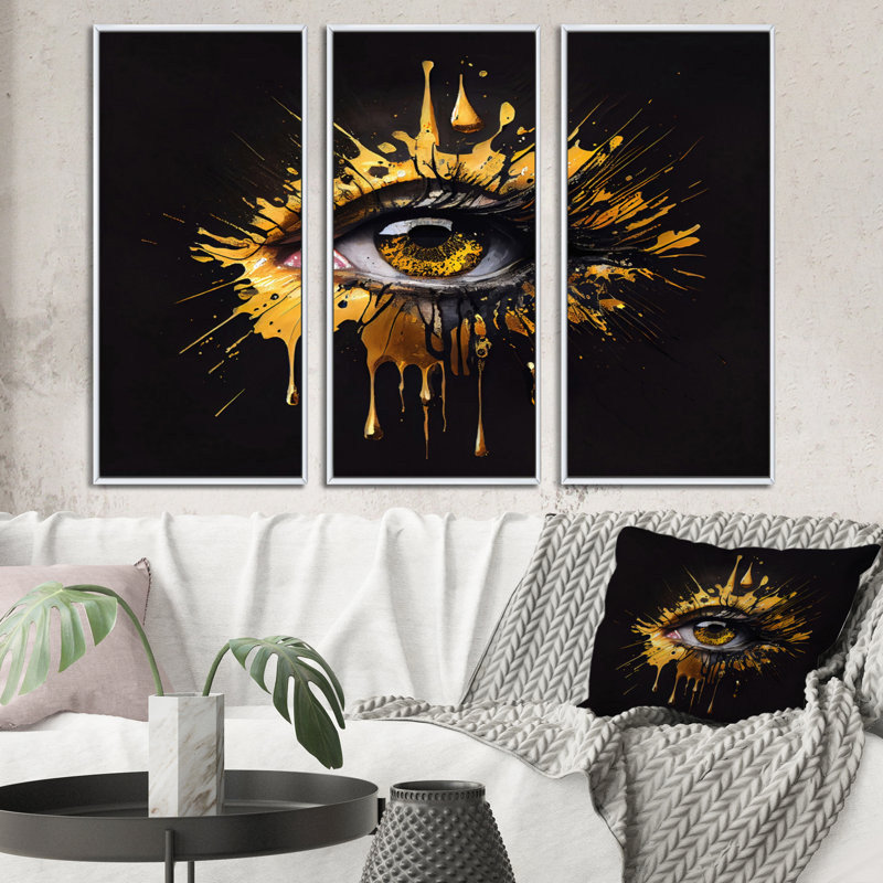 Œil liquide noir et or II - reproduction de 3 pièces, H 28 po x l 36 po x P 1 po, Cadre blanc