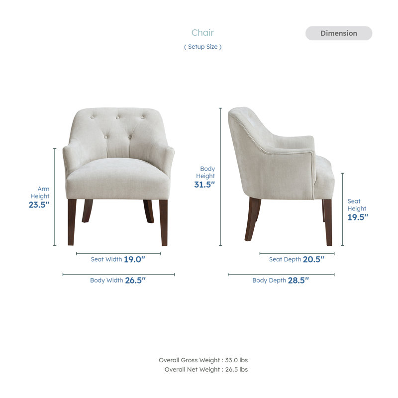 Perlas 26.5" Modern & Contemporary Accent Chair with Textured Fabric Upholstery, Button-Tufted Back & Solid Wood Legs