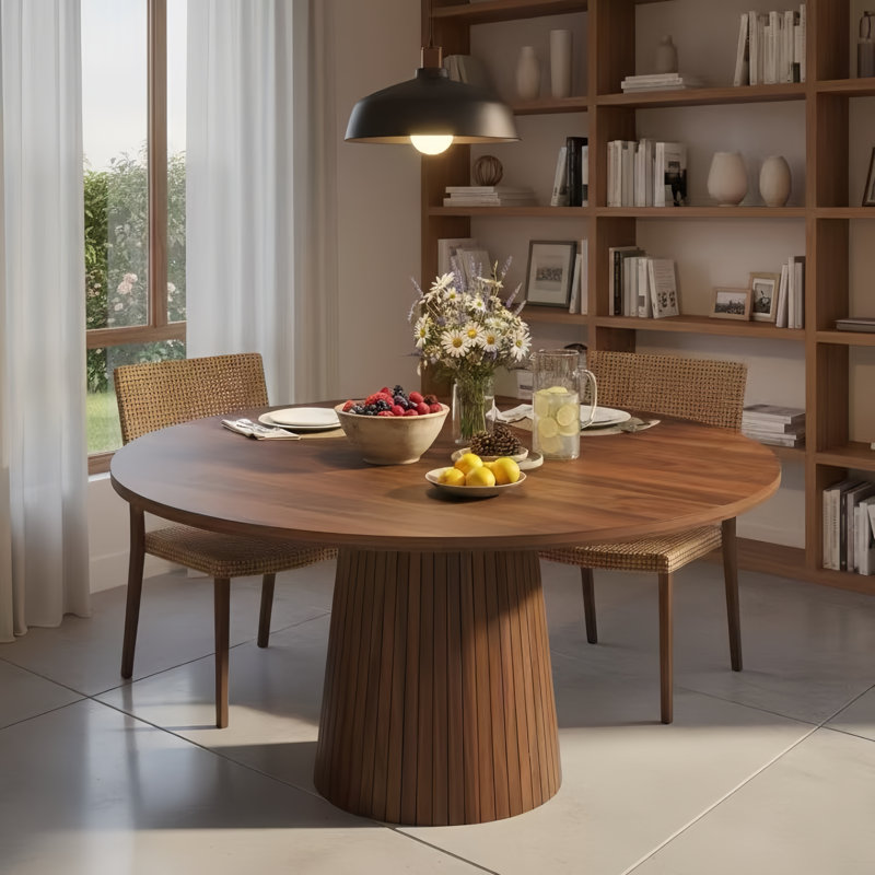Table de salle à manger ronde 47 "à finition noyer, table de ferme moderne avec base en bois et table en bois aggloméré pour 4