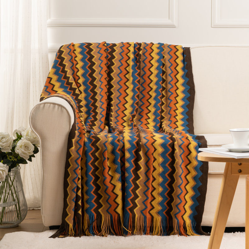 Boho Multicolor Knitted Acrylic Throw Blanket with Tassels, 50" x 60"
