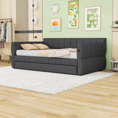 Queen Size Upholstered Daybed with USB Charging Port, Backrest and Armrests and Trundle