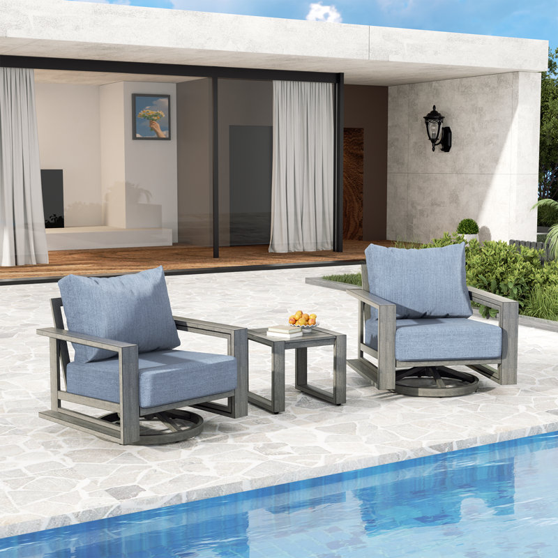 Ensemble de conversation d'extérieur en aluminium 3 pièces avec chaises pivotantes, coussins bleus et table d'appoint Adden