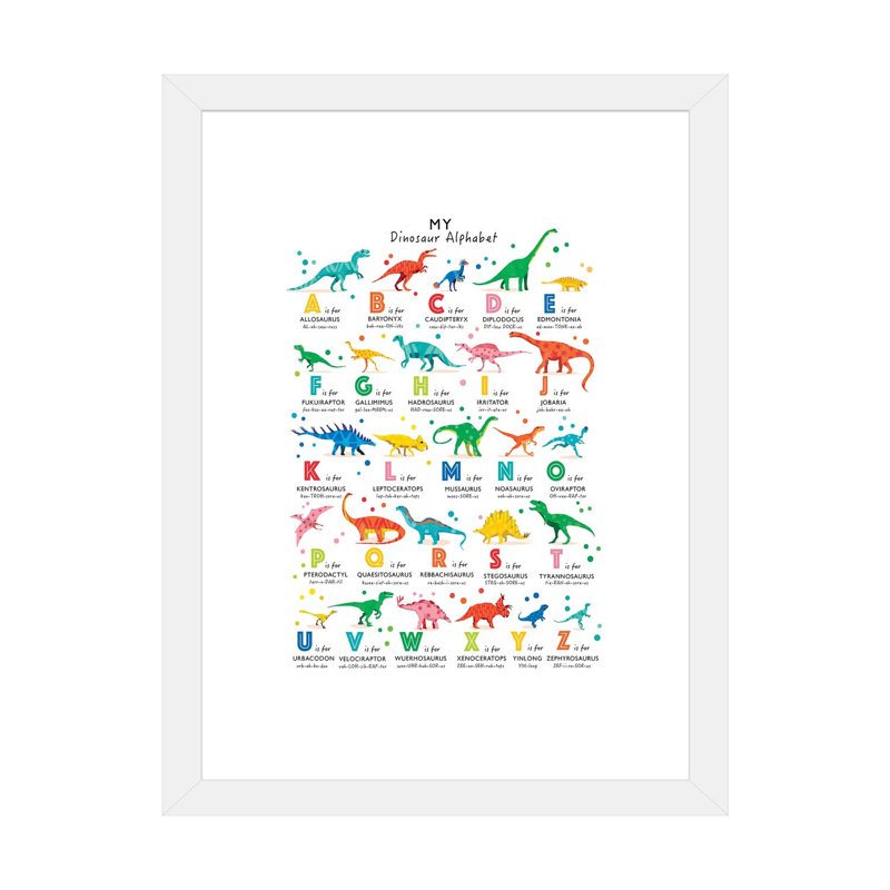 Dinosaur Alphabet - impression d'art graphique, H 24 po x l 16 po x P 1 po, Blanc, Papier encadré blanc