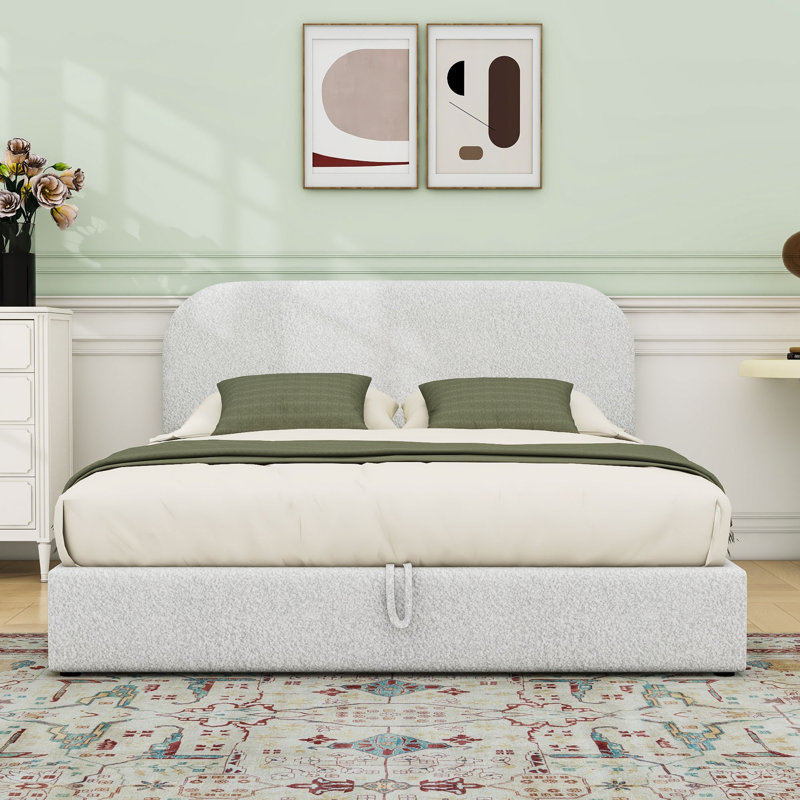 Lit plateforme tapissier avec rangement et tête de lit Teddy, Grand lit , Blanc
