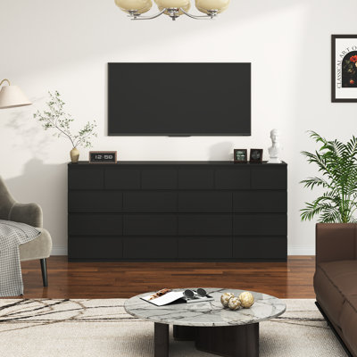 79 Inch Oversized Black Malm Dresser With 18 Drawers & Charging Station, Modern Handle-Free Wood Chest Of Drawers For Bedroom, Living Room, Entryway - TV Stand Compatible