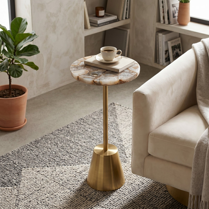 Jackins Gold Iron Accent Side Table with Polished Natural Agate Stone Top and Sculptural Pedestal Base, Contemporary Living Room or Office End Table – 24", Beige & Gold