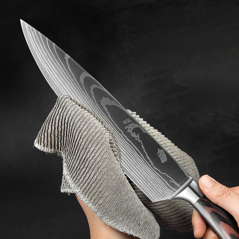 Senken Knives Senken Knives Complete 8-Piece Japanese Kitchen Knife Set With Damascus Pattern - The Imperial Collection - Japanese Chef Knife Set with Smooth Wooden Handles - Ultra Sharp for Fast Cutting