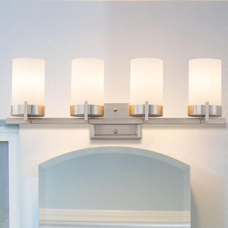 Satin Nickel Dimmable Led Vanity Light With Frosted Glass Shade, No, 9.25" H x 27" W x 5.75" D, 4 Lights