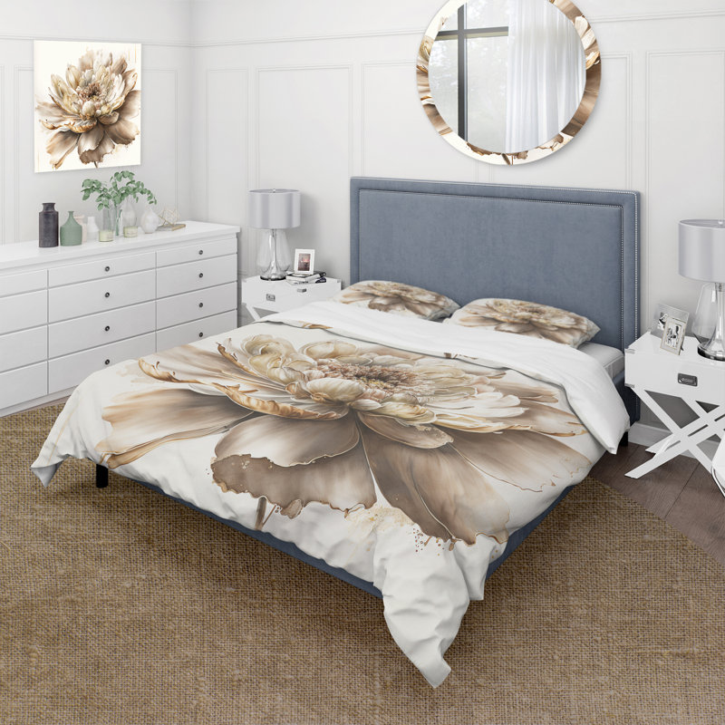 Simple fleur beige I - ensemble de housse de couette floral - microfibre de polyester