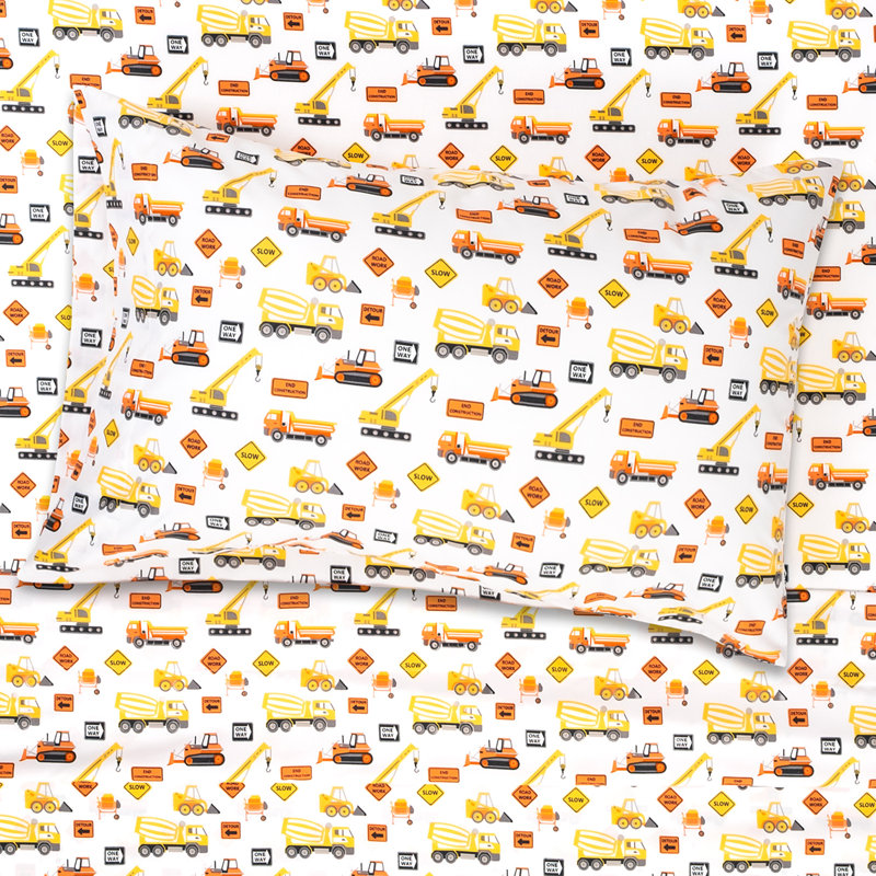 Construction Trucks White Microfiber Twin XL Kids Sheet Set