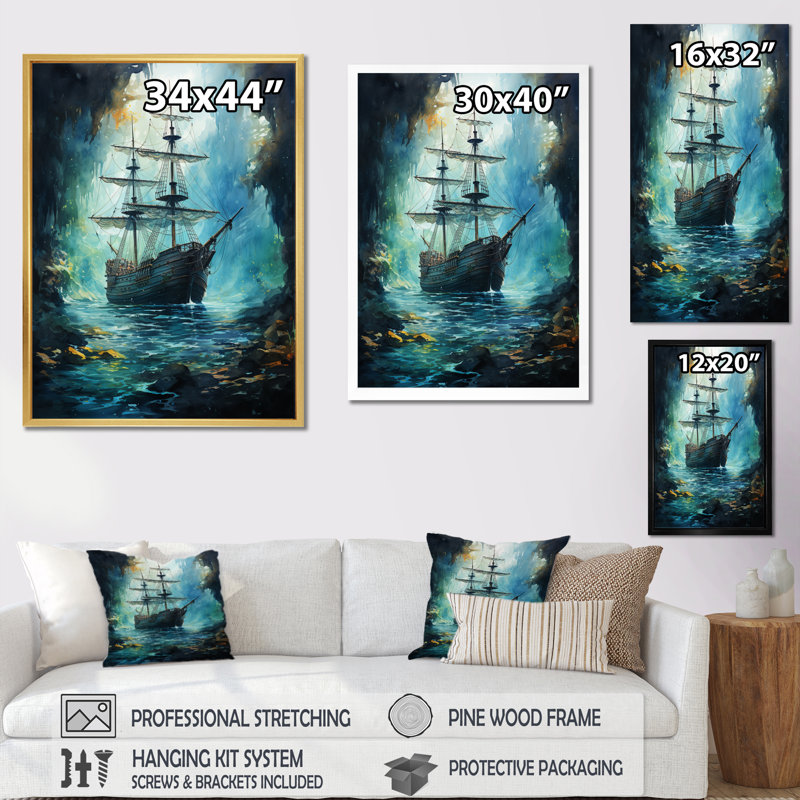 Sirènes chantant un bateau pirate - décoration murale nautique et plage, Cadre photo noir, H 32 po x l 16 po x P 1 po