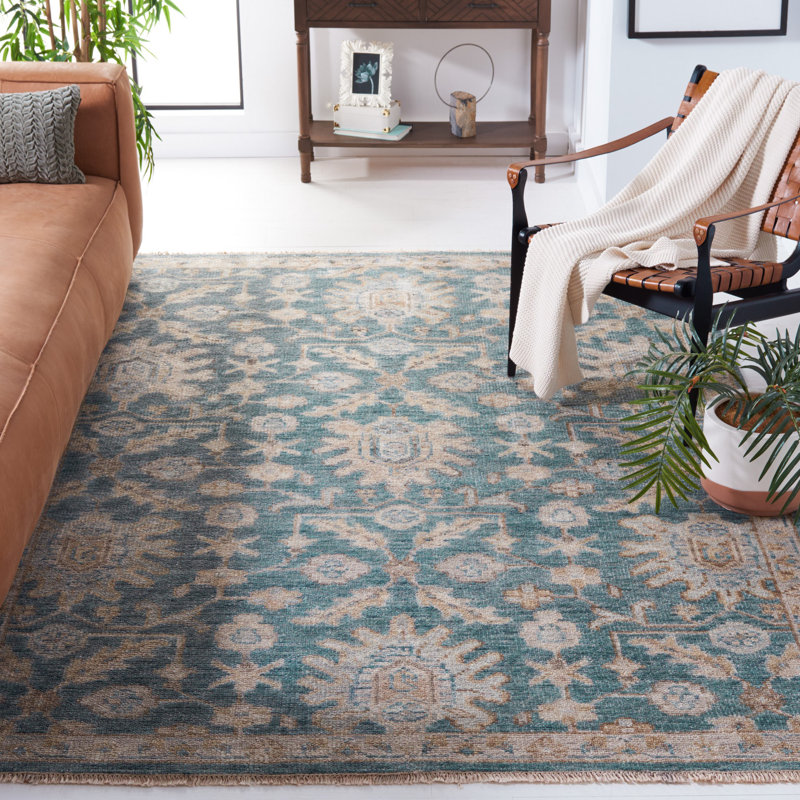 Oriental Hand-Knotted Blue / Beige Area Rug, Rectangle 6' x 9'