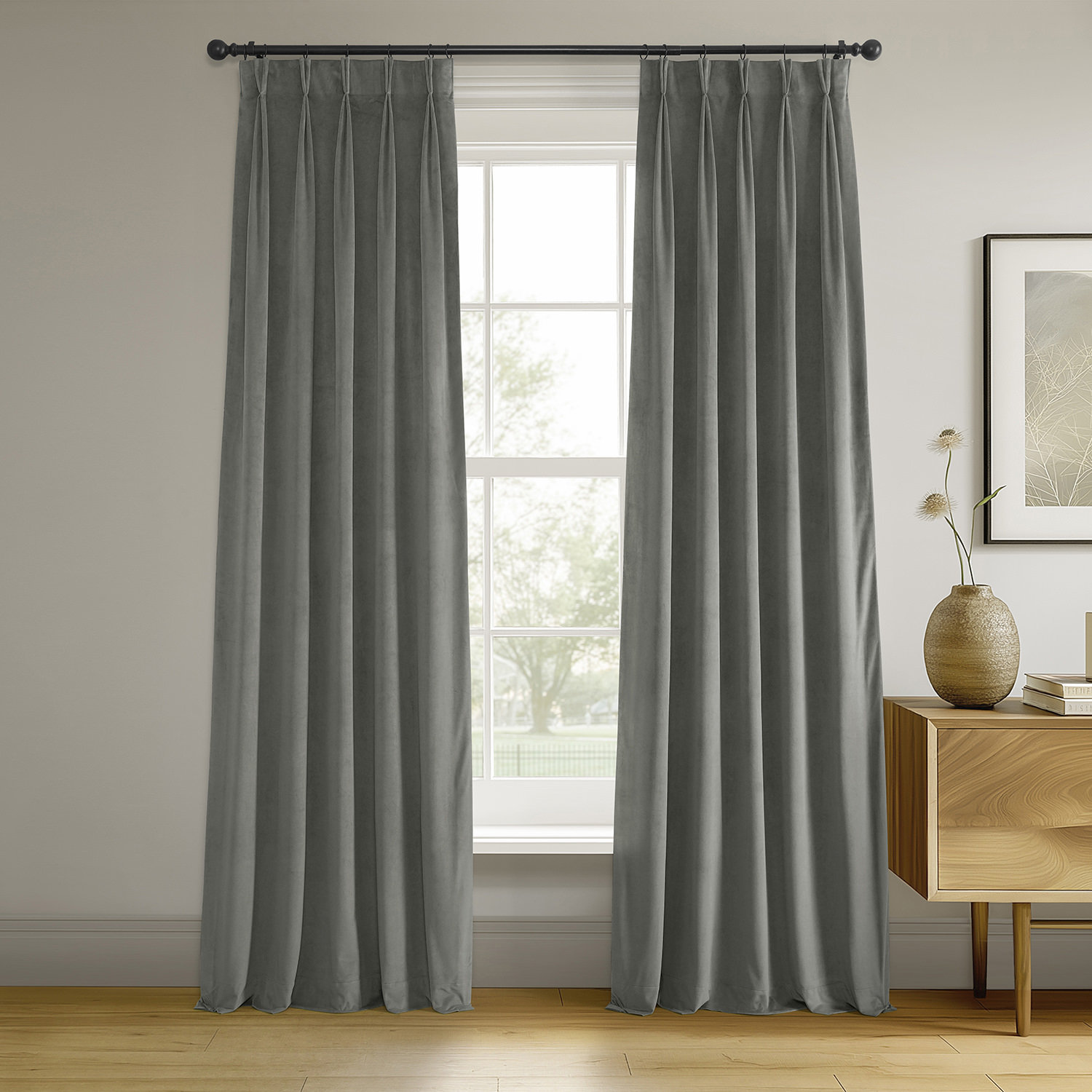 Balone Velvet French Pleat Blackout Curtain, 25" W x 120" L, Silver Gray