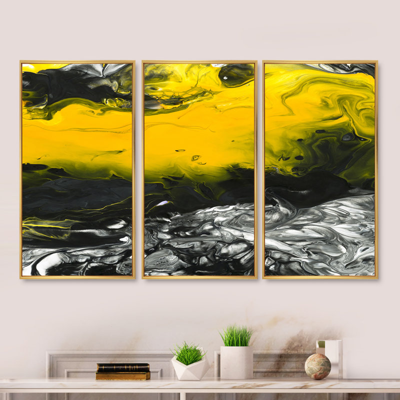 Jaune jaune, noir et blanc, art liquide III - ensemble d'art moderne sur toile encadrée moderne de 3, Cadre doré