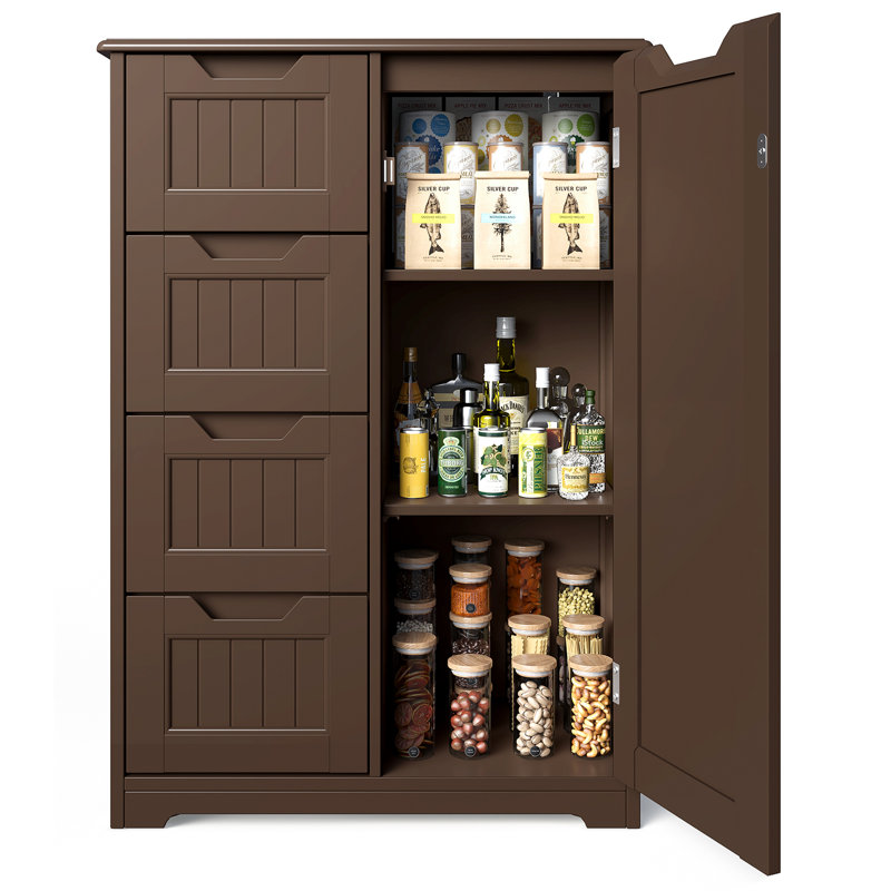 Commode à 4 tiroirs de 23,6 po avec porte de grange coulissante, armoire de rangement, Marron foncé