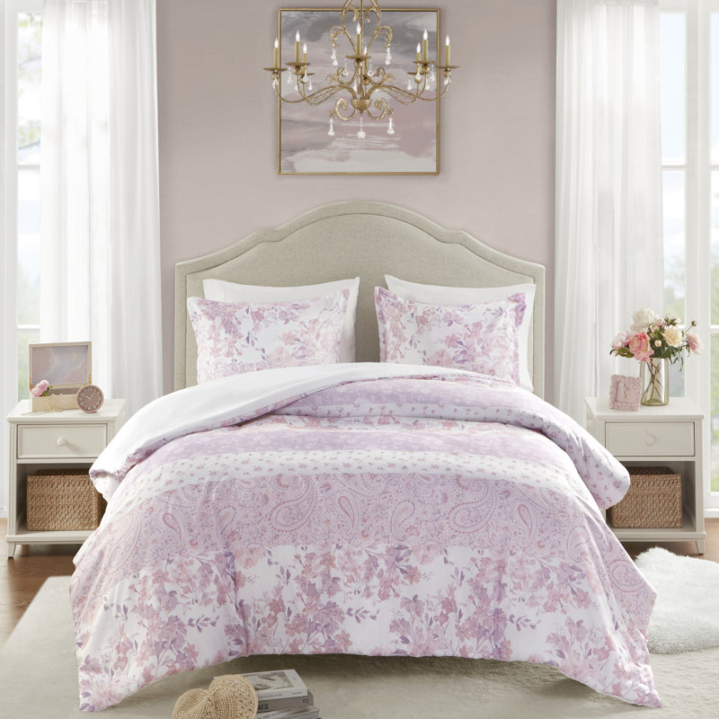 Housse de couette simple / simple en microfibre TG, 2 pièces motif cachemire floral, fermeture à boutons, motif cachemire rose doux et rétro, lavable à la machine