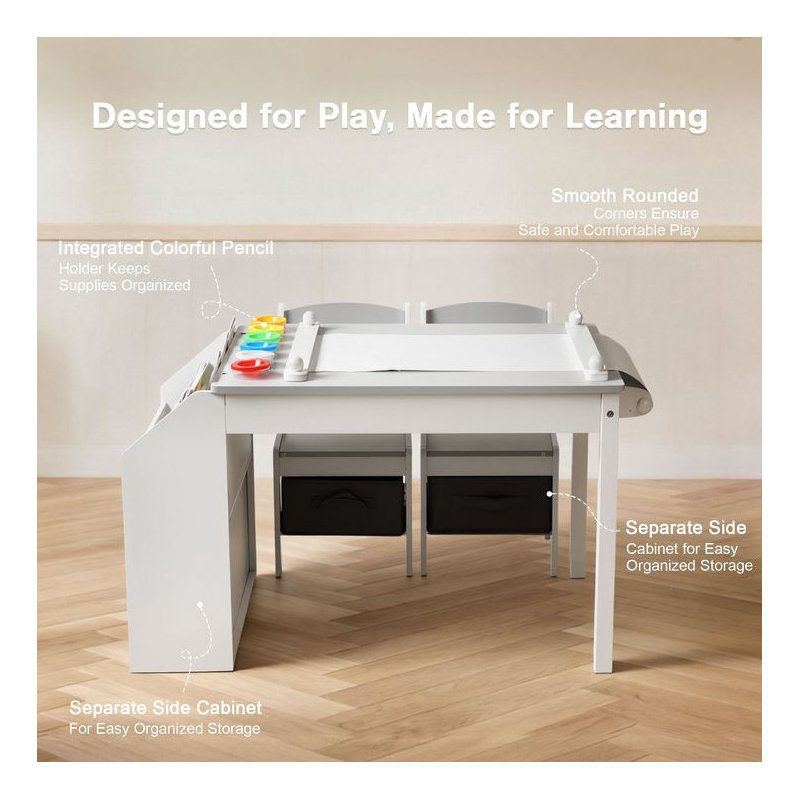Kids Wooden Activity Table and 2 Chairs Set with Storage and Art Features, Gray