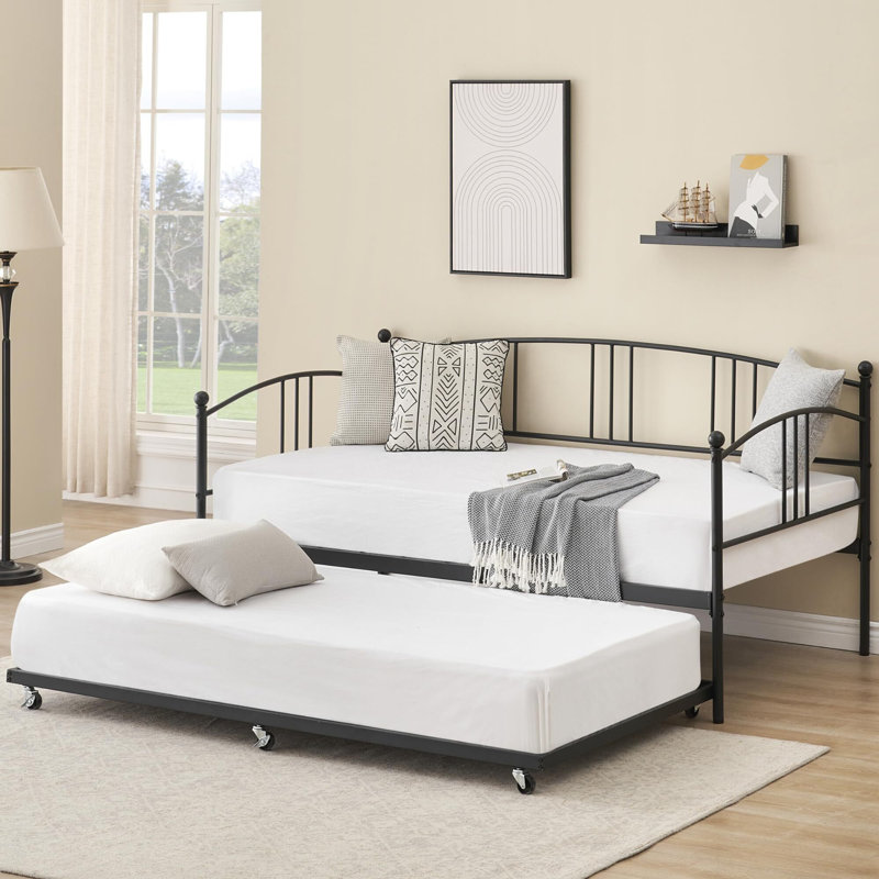 Twin Daybed With Trundle, Metal Twin Size Daybed With Pullout Trundle 6 Casters, Steel Slat Support Sofa Bed For Living Room, Bedroom, Guest Room, No Box Spring Needed (White)