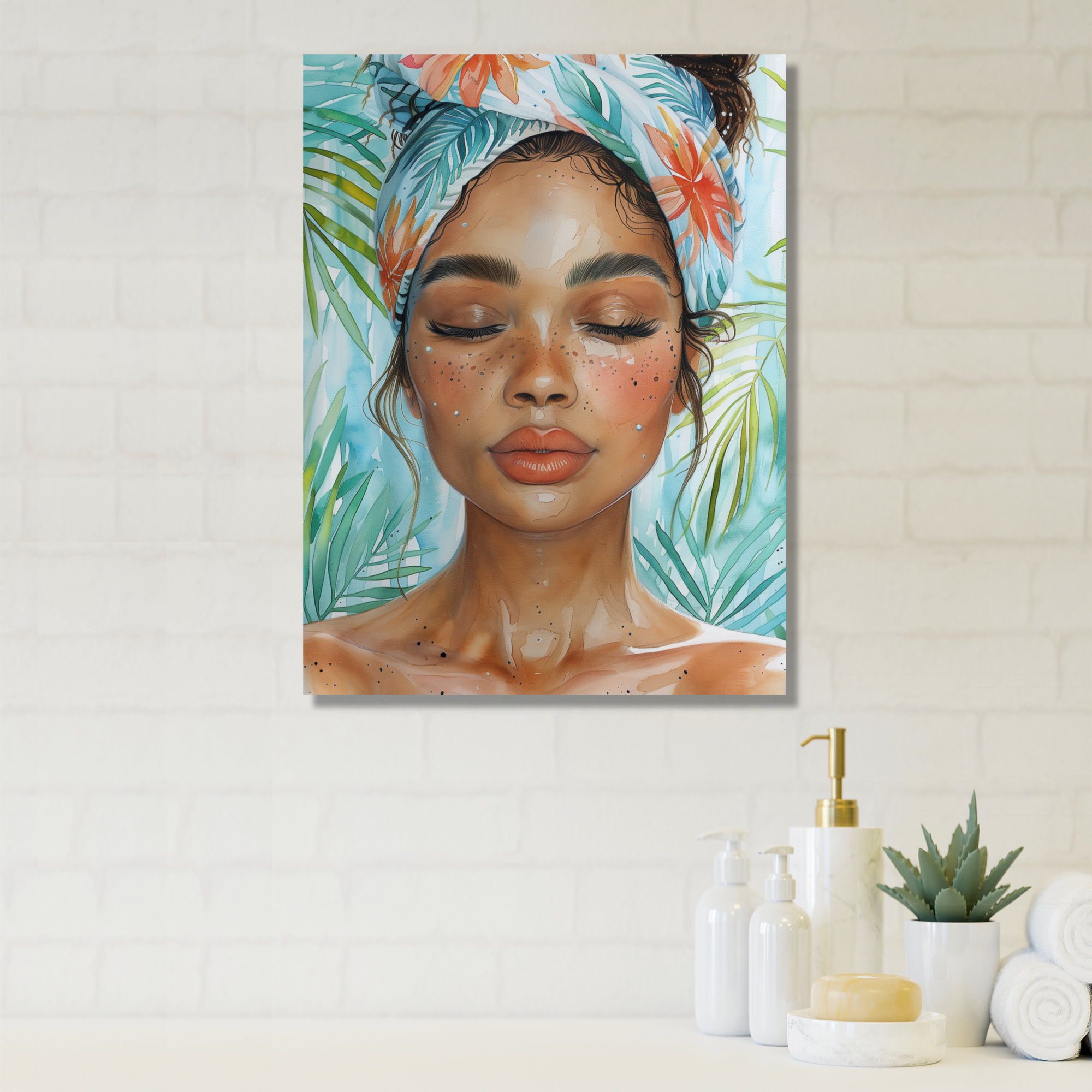 Design Art Pink Blue Self Care Woman In Bathroom III Bathroom Wall