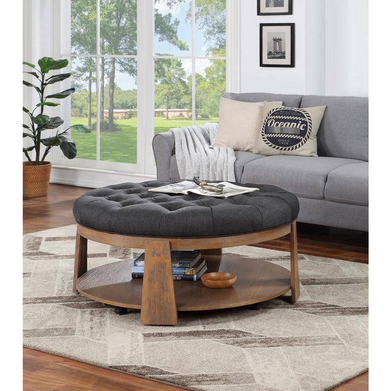 Repose-pieds avec capitonnage profond Tablette ouverte | Gris transitionnel transitionnel / Aspect lin | Noyer brun | Bois massif