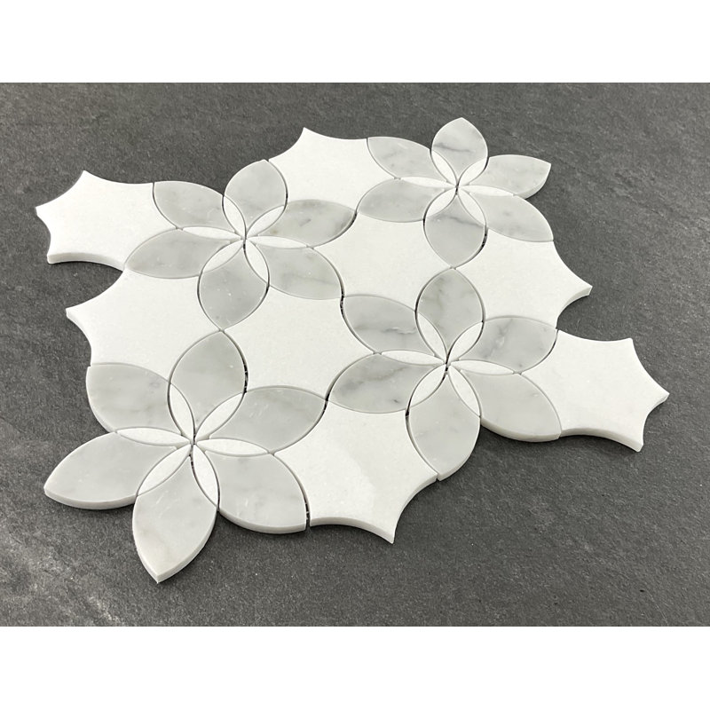 Water Jet - Marble Daisy Flower Pattern Mosaic Wall & Floor Tile, White/Gray