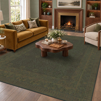 Tapis vert olive vintage lavable 240 x 300 cm pour salon, tapis antidérapant effet vieilli pour salle à manger et chambre, tapis de sol à poils courts résistant aux taches, décor de style ferme moderne