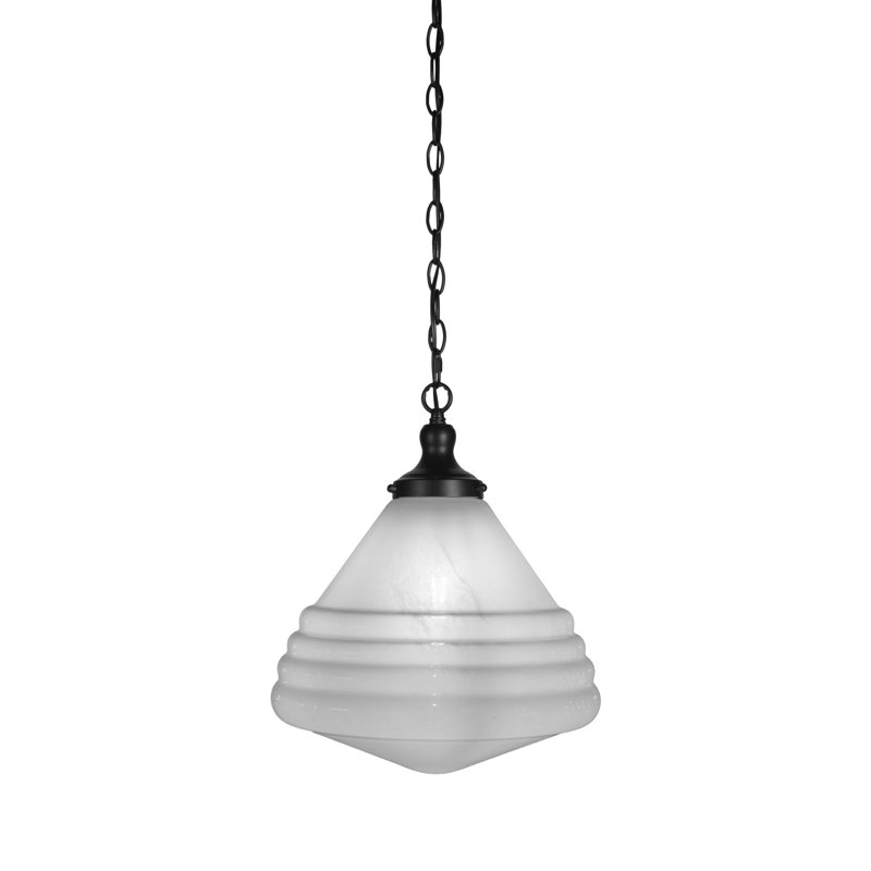 Juno Chain Hung Pendant With 14" Glass, White Marble, Matte Black
